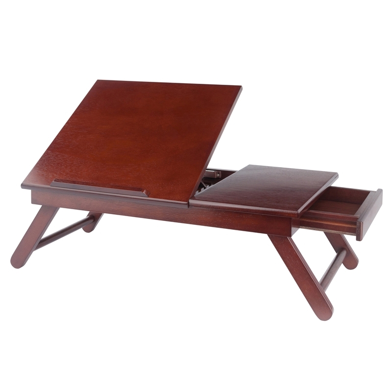 Pemberly Row Solid Wood Lap Desk Flip Top w/ Drawer and Foldable Legs in Walnut