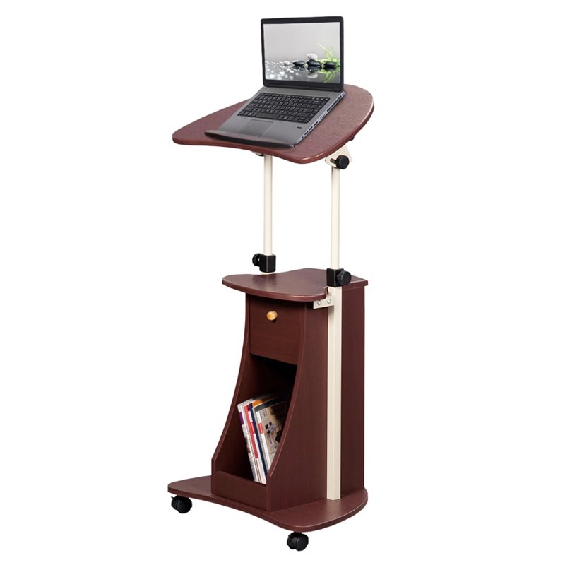 Pemberly Row Sit-to-Stand Rolling Laptop Cart With Storage in Chocolate