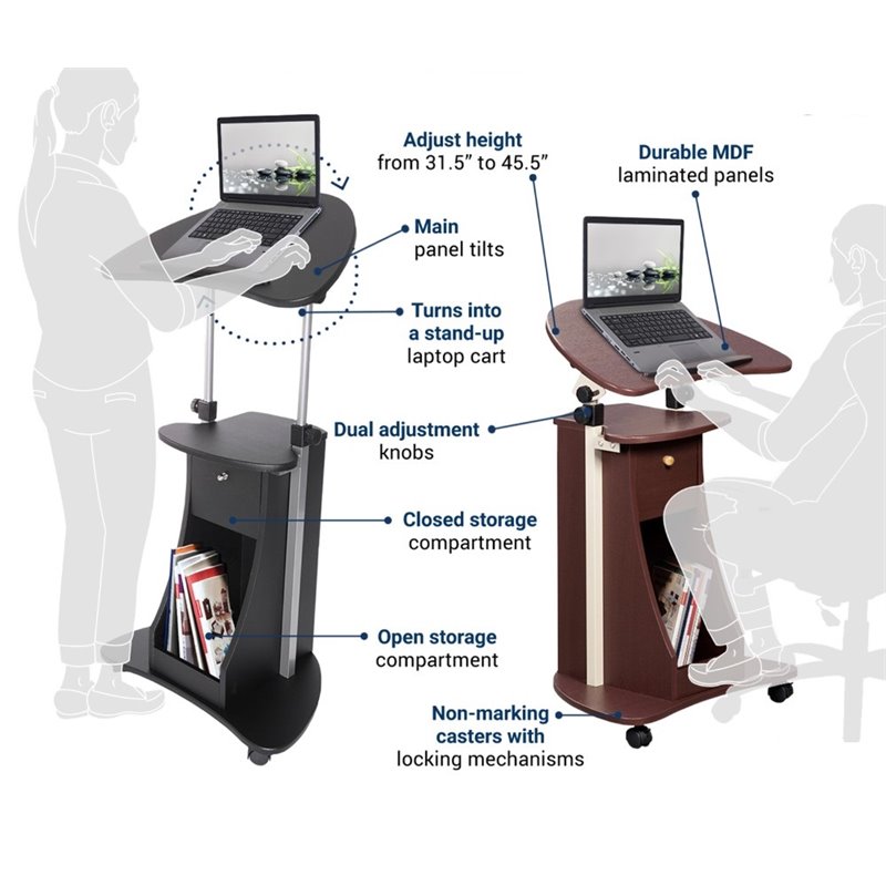 Pemberly Row Sit-to-Stand Rolling Laptop Cart With Storage in Chocolate