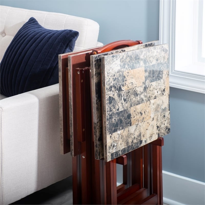 Pemberly Row 5-Piece Wood Folding Tray Table Set with Stand in Brown