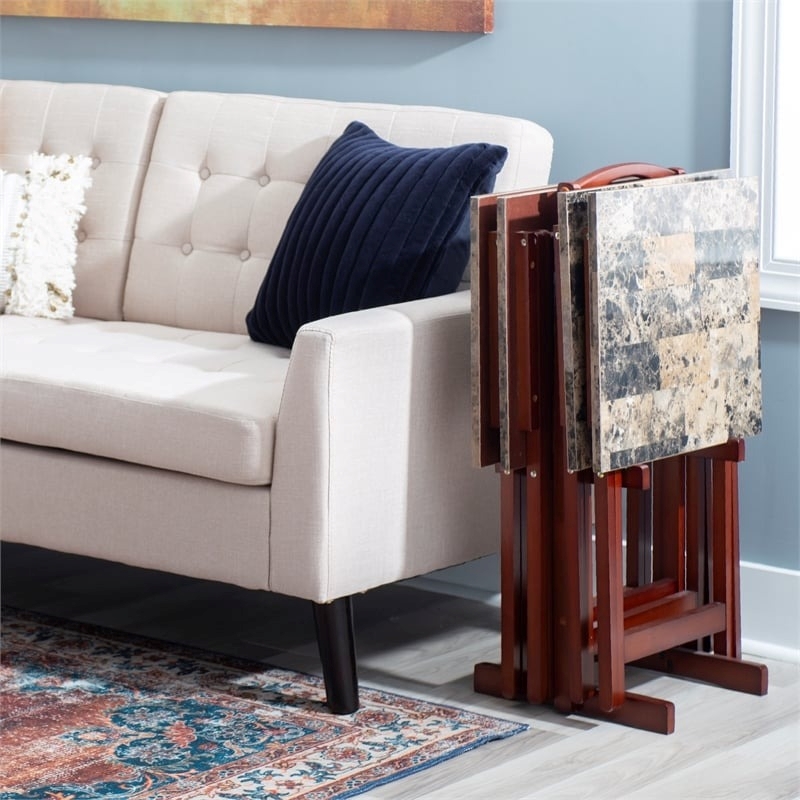 Pemberly Row 5-Piece Wood Folding Tray Table Set with Stand in Brown
