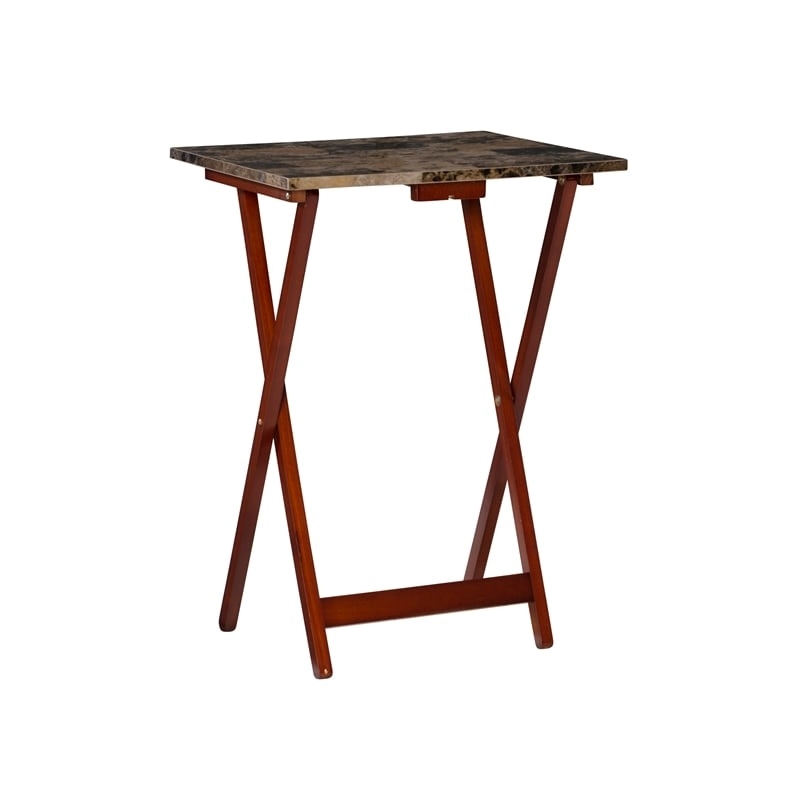 Pemberly Row 5-Piece Wood Folding Tray Table Set with Stand in Brown