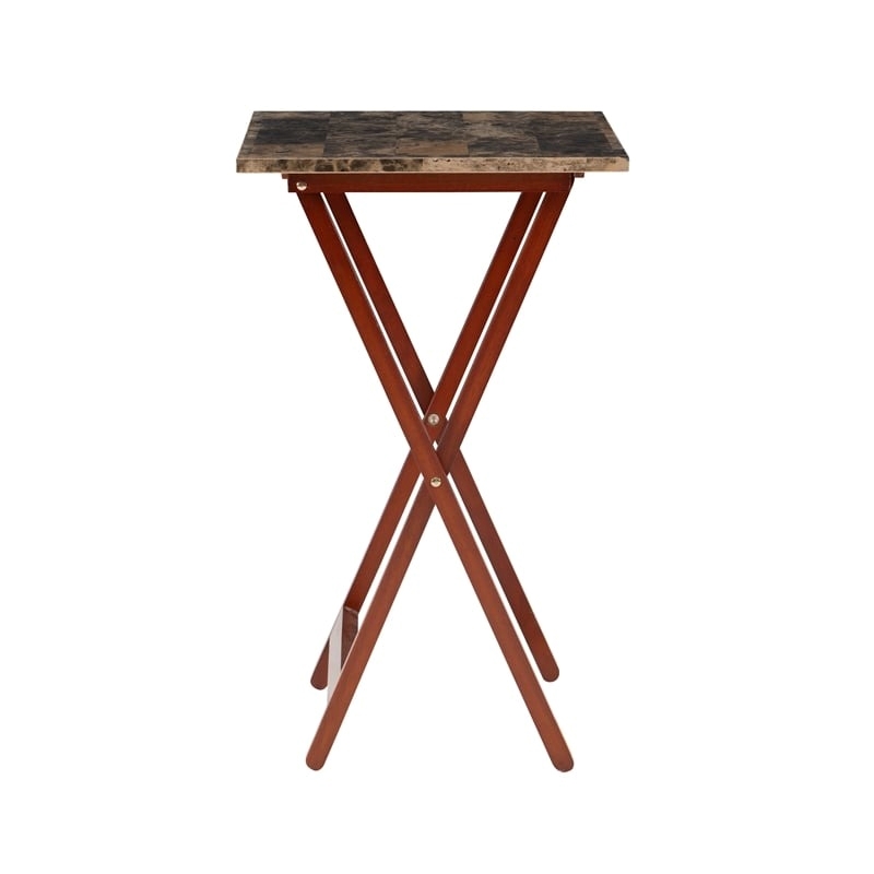 Pemberly Row 5-Piece Wood Folding Tray Table Set with Stand in Brown