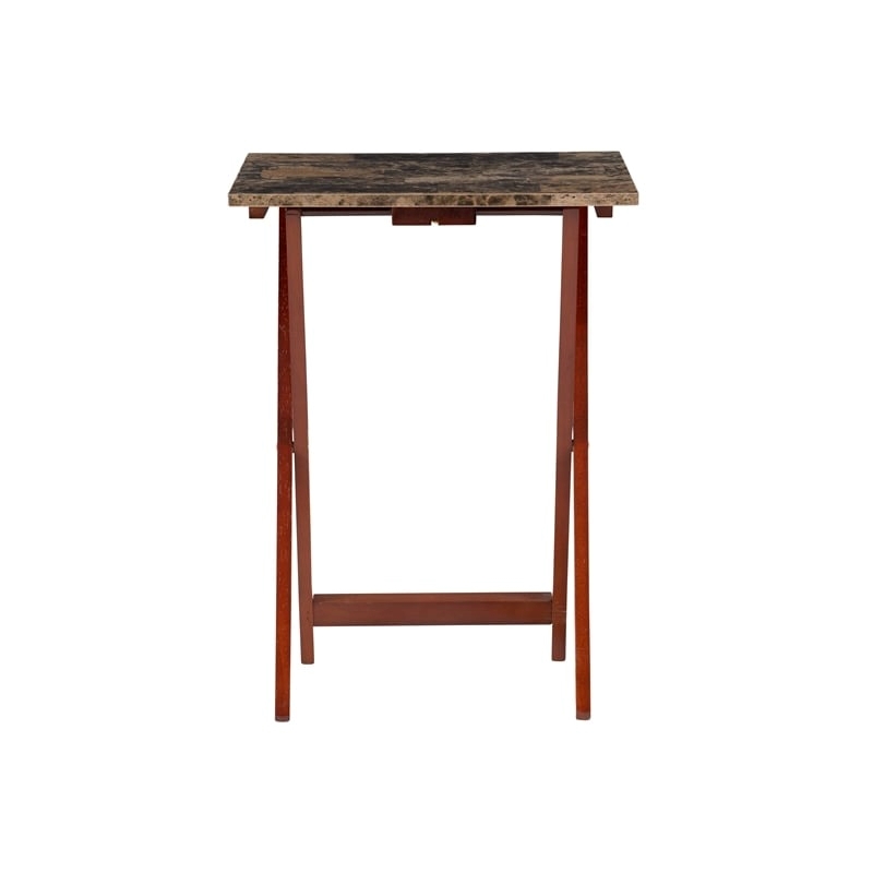 Pemberly Row 5-Piece Wood Folding Tray Table Set with Stand in Brown