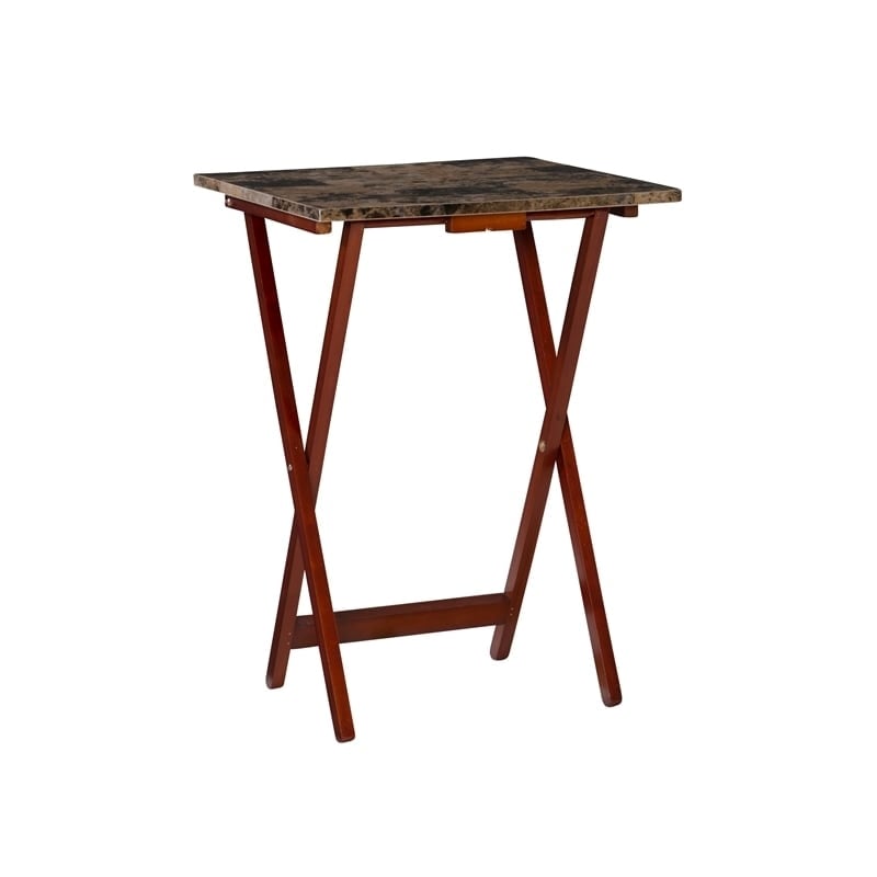 Pemberly Row 5-Piece Wood Folding Tray Table Set with Stand in Brown