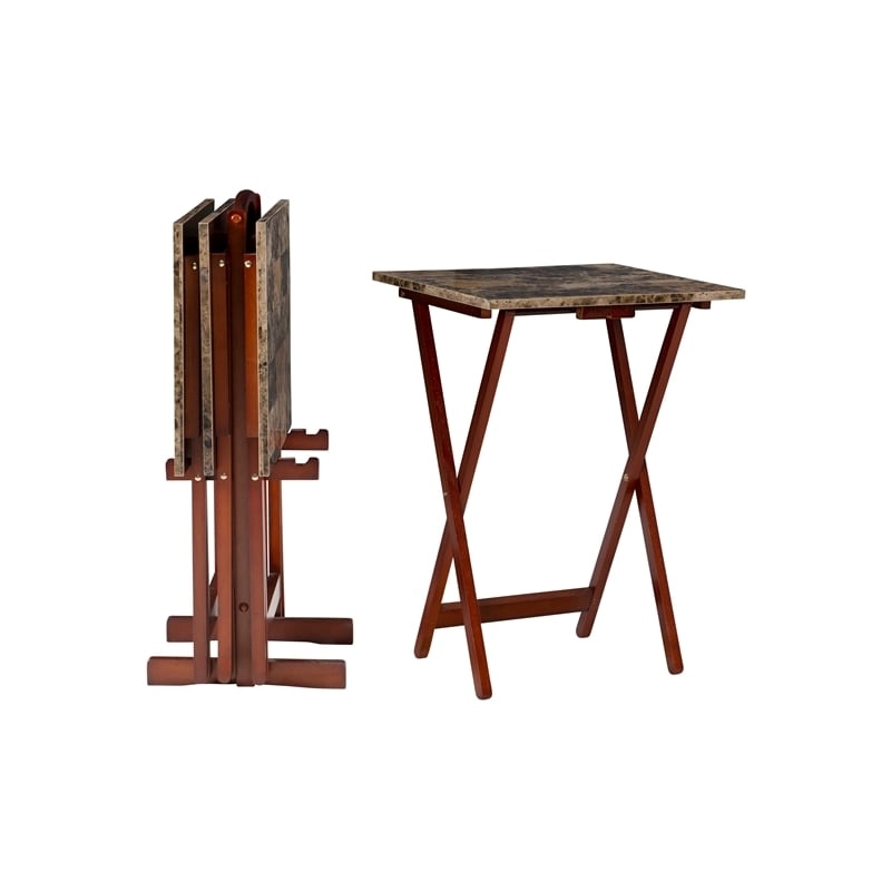 Pemberly Row 5-Piece Wood Folding Tray Table Set with Stand in Brown