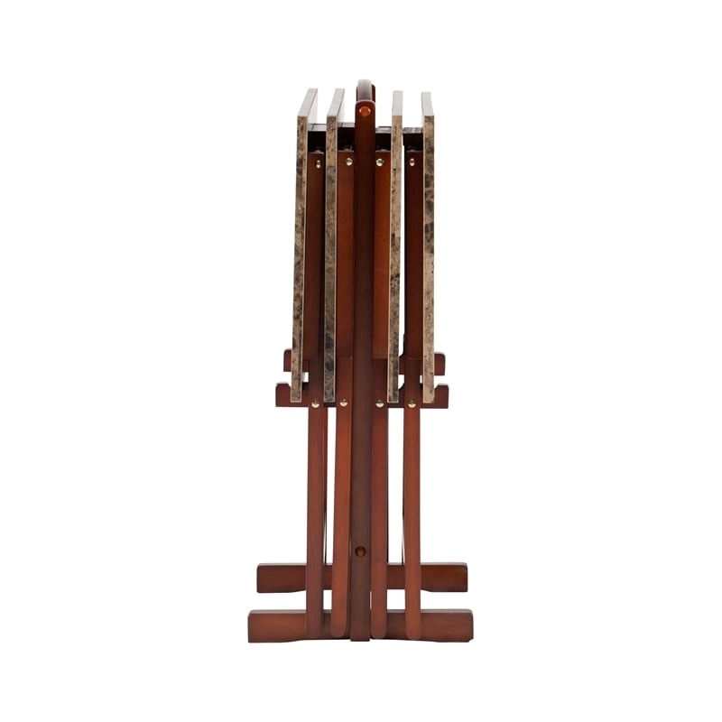 Pemberly Row 5-Piece Wood Folding Tray Table Set with Stand in Brown