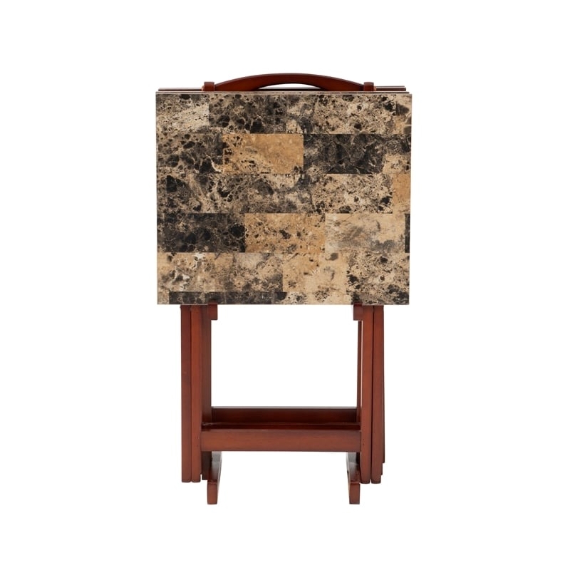 Pemberly Row 5-Piece Wood Folding Tray Table Set with Stand in Brown