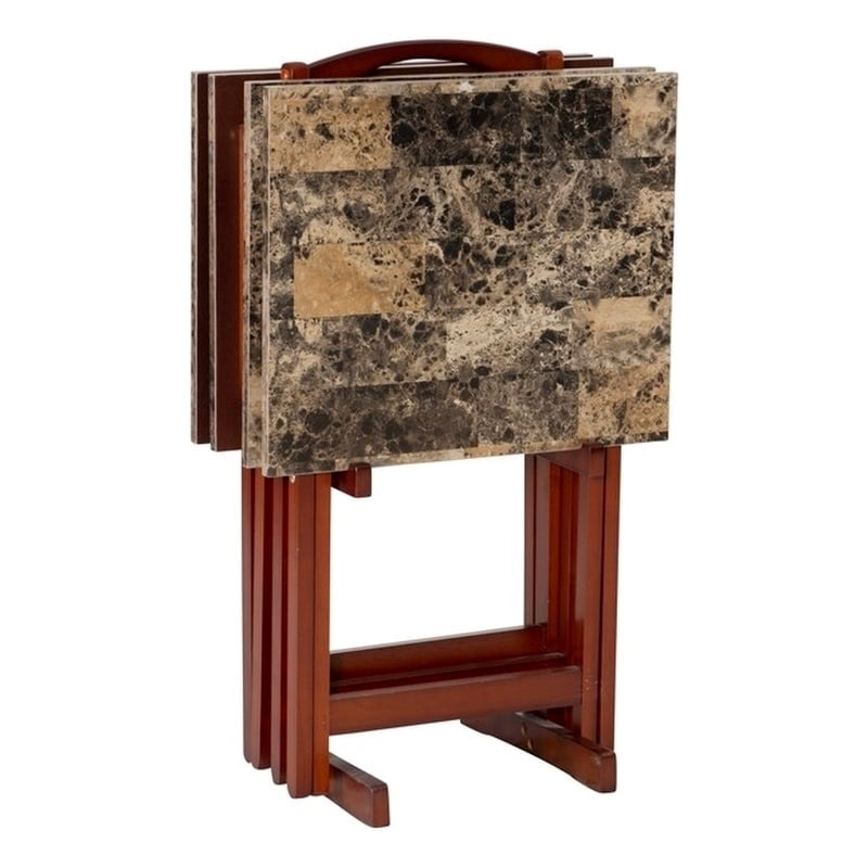 Pemberly Row 5-Piece Wood Folding Tray Table Set with Stand in Brown