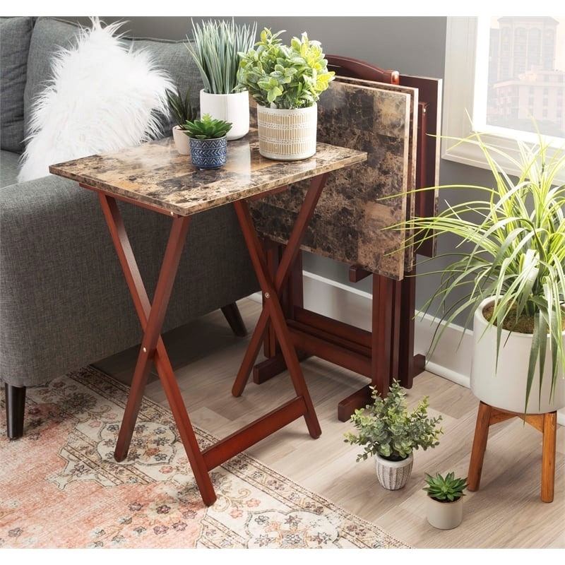 Pemberly Row 5-Piece Wood Folding Tray Table Set with Stand in Brown