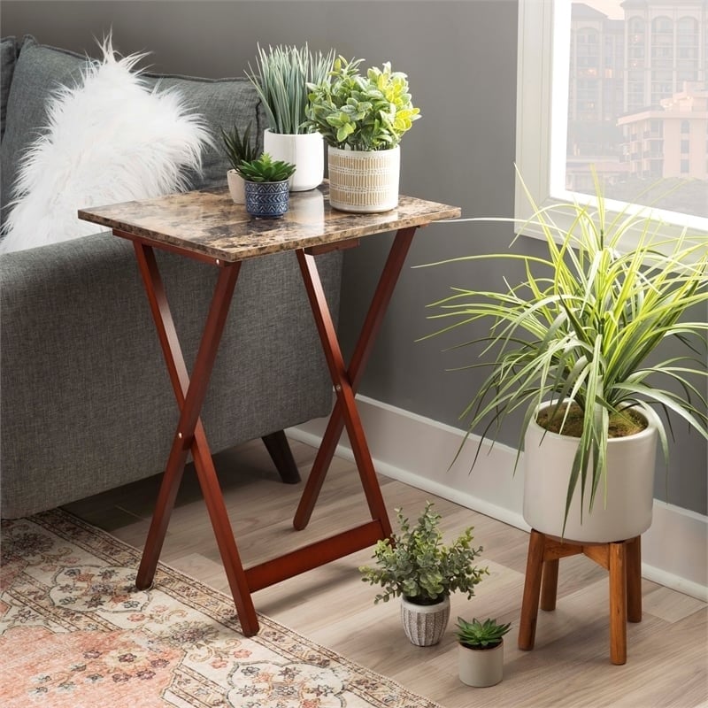Pemberly Row 5-Piece Wood Folding Tray Table Set with Stand in Brown
