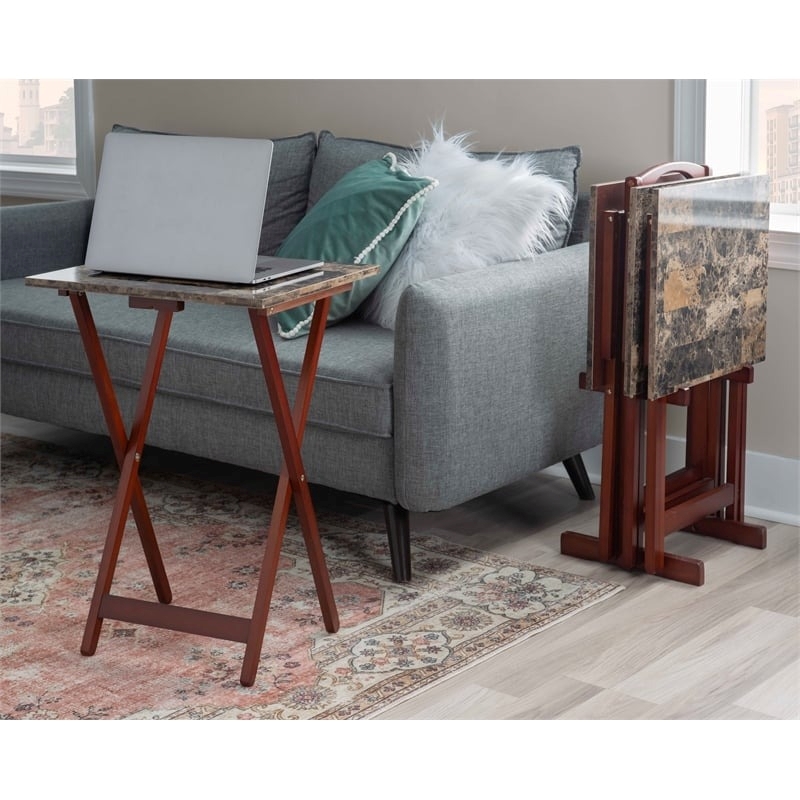 Pemberly Row 5-Piece Wood Folding Tray Table Set with Stand in Brown