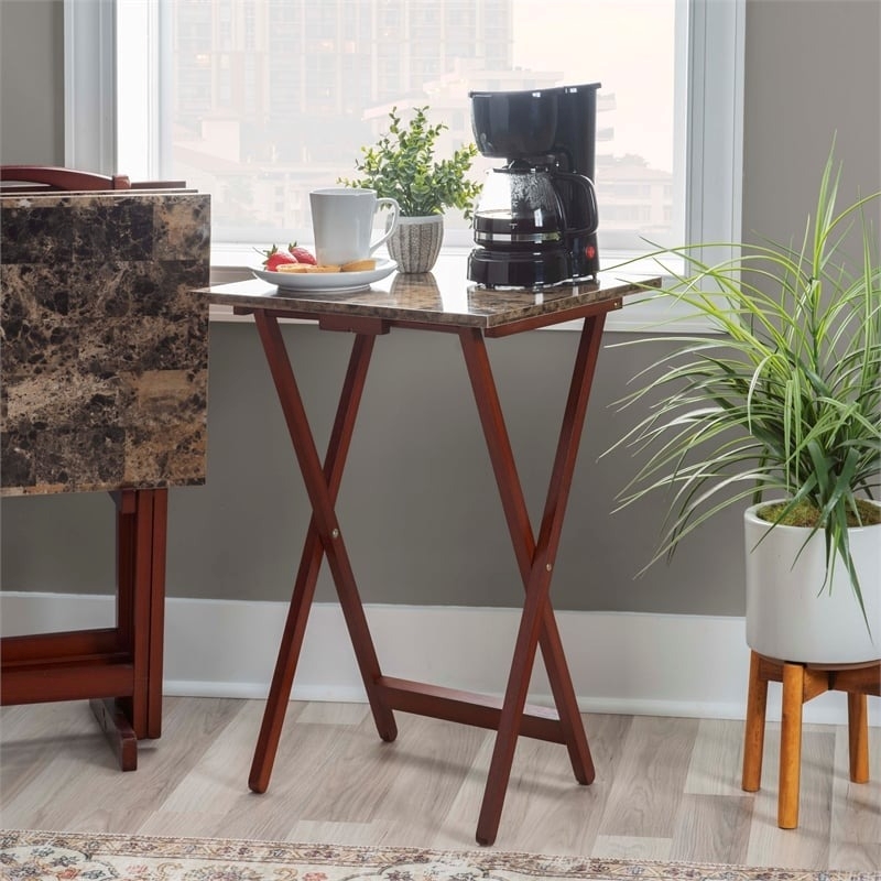 Pemberly Row 5-Piece Wood Folding Tray Table Set with Stand in Brown
