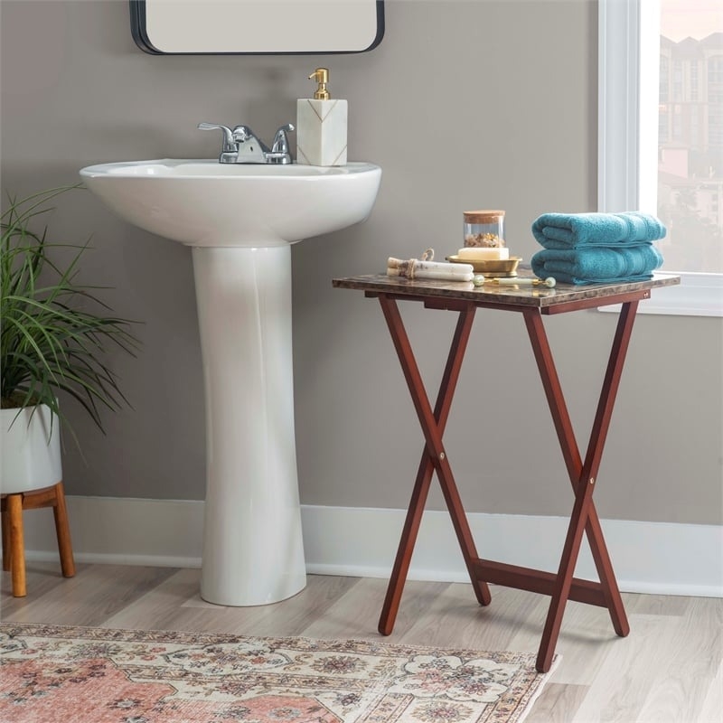 Pemberly Row 5-Piece Wood Folding Tray Table Set with Stand in Brown