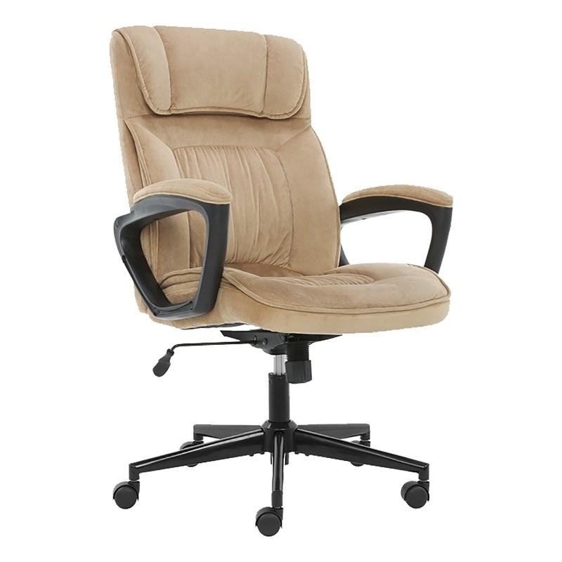 Pemberly Row Modern Microfiber Office Chair with Headrest Pillow Plush in Beige
