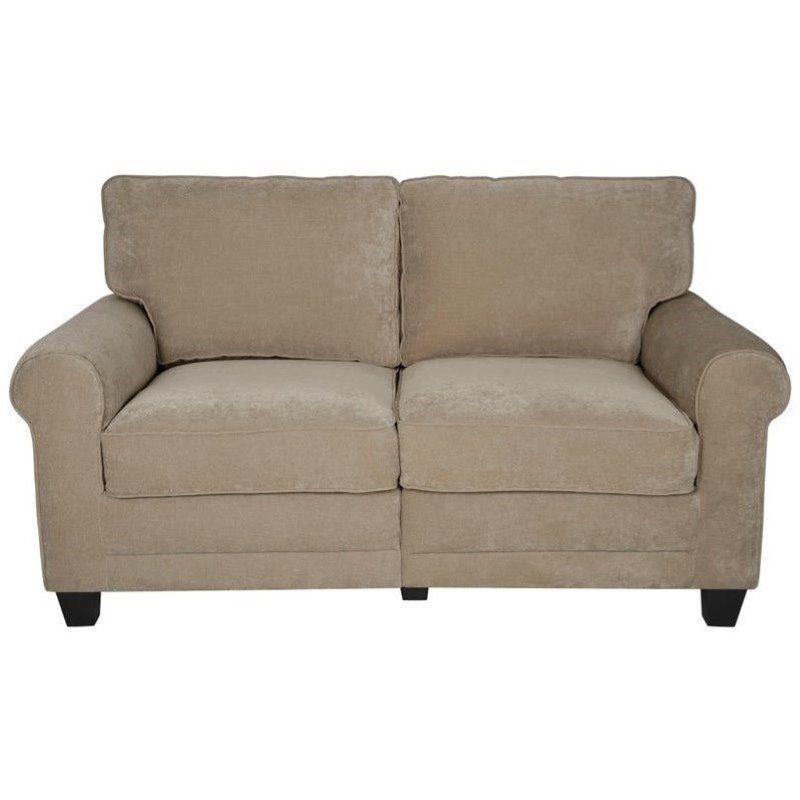 Pemberly Row Traditional Velvet Loveseat with 2 Pillows in Marzipan Beige