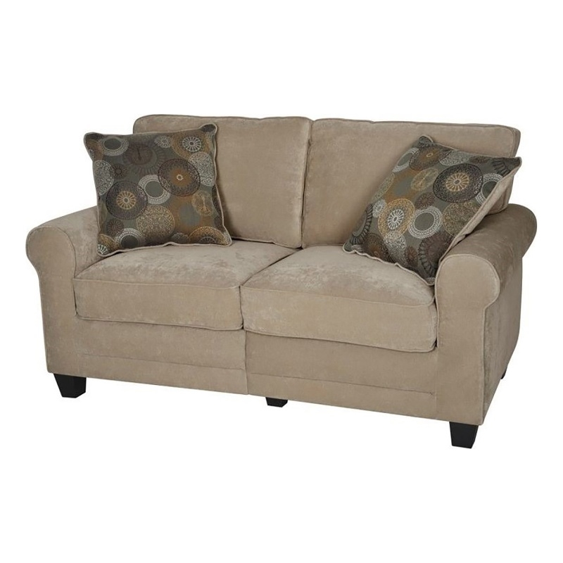 Pemberly Row Traditional Velvet Loveseat with 2 Pillows in Marzipan Beige