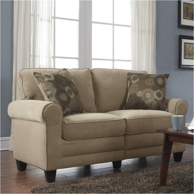 Pemberly Row Traditional Velvet Loveseat with 2 Pillows in Marzipan Beige