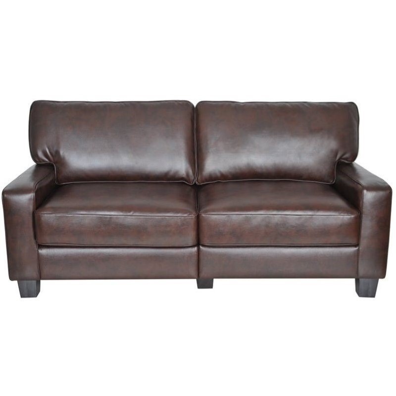 Pemberly Row Pillow Back Contemporary Faux Leather Sofa in Chestnut Brown
