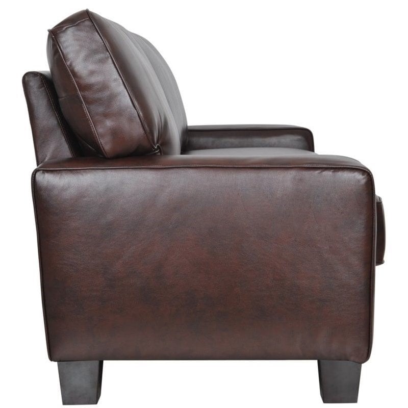 Pemberly Row Pillow Back Contemporary Faux Leather Sofa in Chestnut Brown