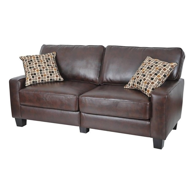 Pemberly Row Pillow Back Contemporary Faux Leather Sofa in Chestnut Brown