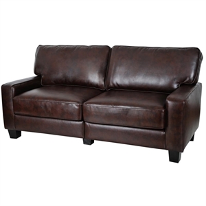 Pemberly Row Pillow Back Contemporary Faux Leather Sofa in Chestnut Brown