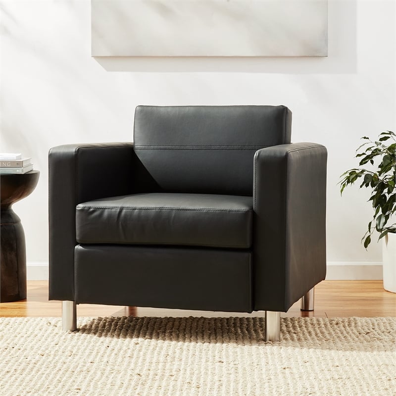 Pemberly Row Contemporary Vinyl Upholstered Barrel Club Chair in Black