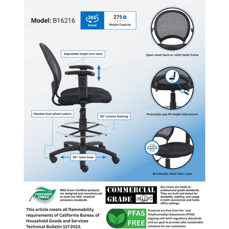 Pemberly Row Mesh Fabric Drafting Chair with Adjustable Arms in Black