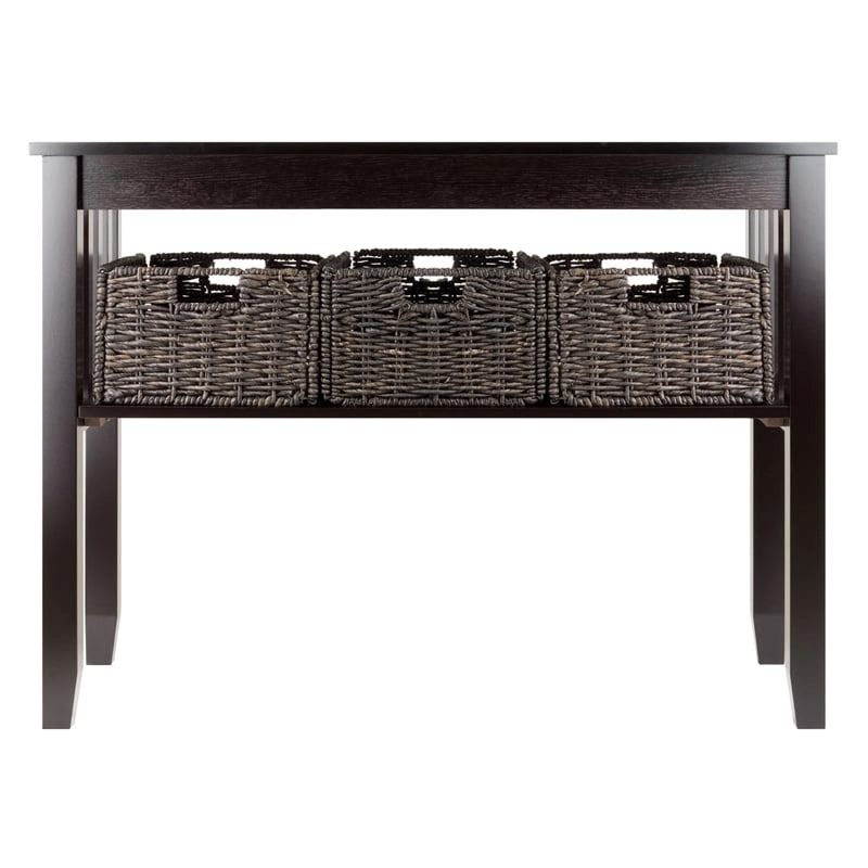 Pemberly Row Solid Wood Console Hall Table with 3 Foldable Baskets in Espresso