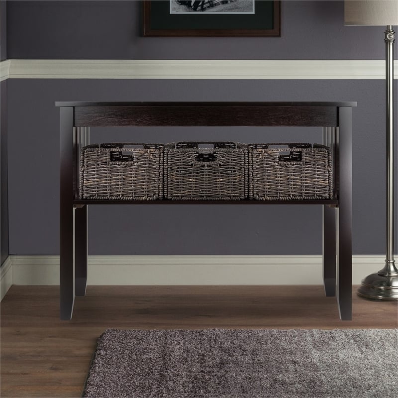 Pemberly Row Solid Wood Console Hall Table with 3 Foldable Baskets in Espresso