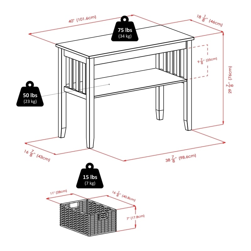 Pemberly Row Solid Wood Console Hall Table with 3 Foldable Baskets in Espresso