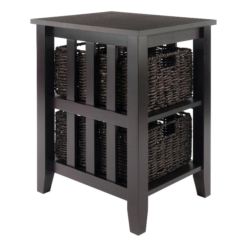 Pemberly Row Transitional Wood Side Table with 2 Foldable Baskets in Espresso