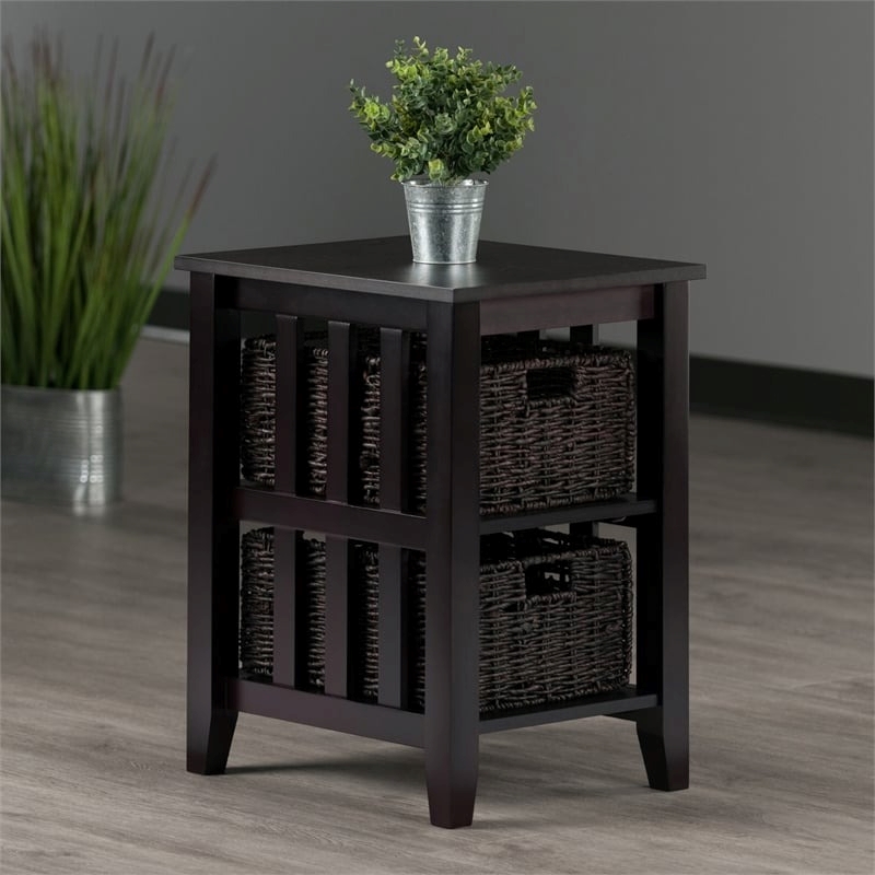 Pemberly Row Transitional Wood Side Table with 2 Foldable Baskets in Espresso