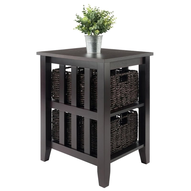 Pemberly Row Transitional Wood Side Table with 2 Foldable Baskets in Espresso