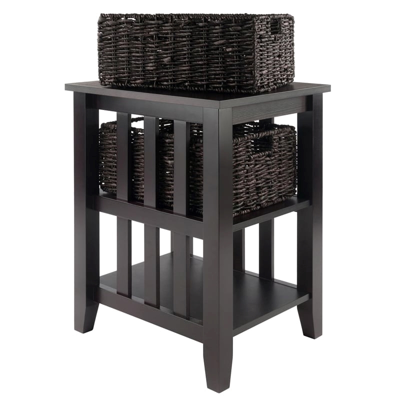 Pemberly Row Transitional Wood Side Table with 2 Foldable Baskets in Espresso