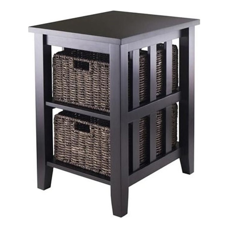 Pemberly Row Transitional Wood Side Table with 2 Foldable Baskets in Espresso