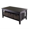 Pemberly Row Solid Wood Coffee Table w/ 3 Foldable Baskets in Espresso/Chocolate