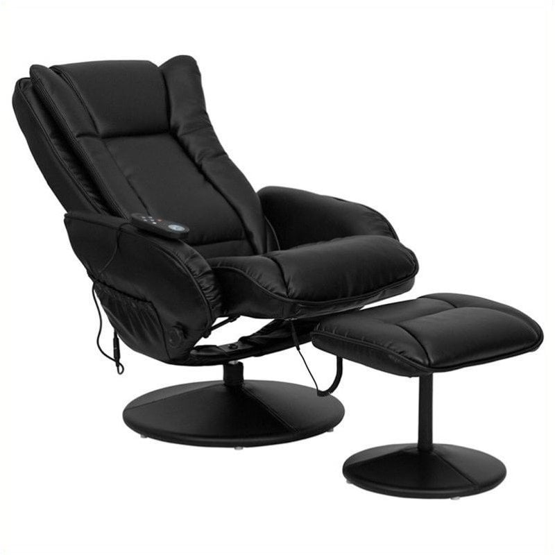 Pemberly Row Massaging Black Recliner and Ottoman with Wrapped Base