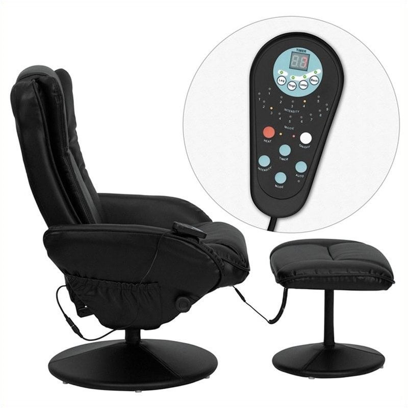 Pemberly Row Massaging Black Recliner and Ottoman with Wrapped Base