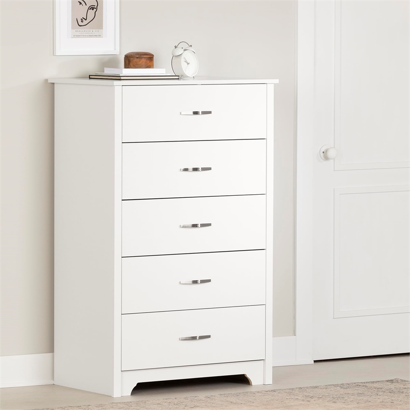 Pemberly Row Transitional 5 Drawers Wood Chest in Pure White