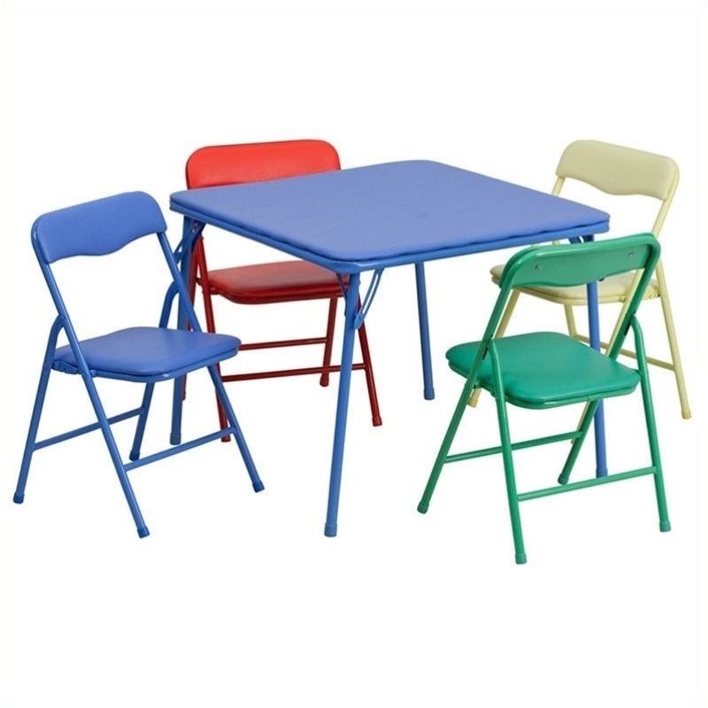Pemberly Row 5-Piece Metal Kids Folding Table and Chair Set in Multi-Color