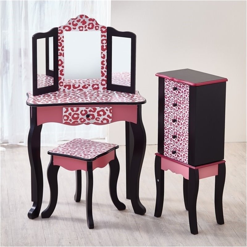 Pemberly Row Vanity Table And Stool Set In Black Pink Leopard Pemberly Row Vanity Table And Stool Set In Black Pink Leopard