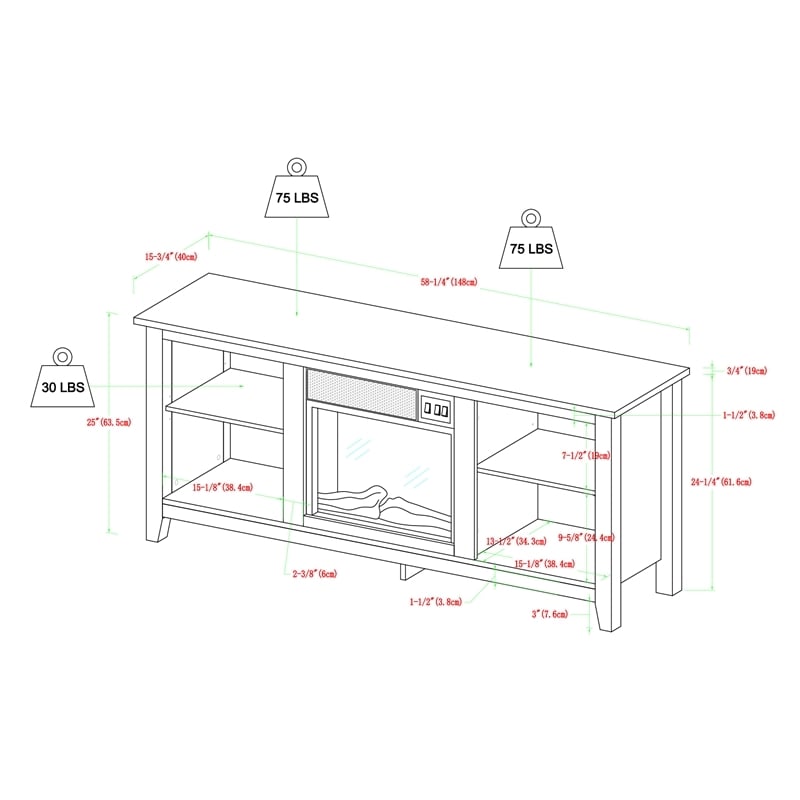 Pemberly Row Modern Wood TV Stand with Fireplace for TVs up to 58