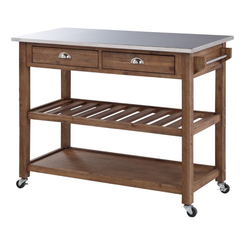 Pemberly Row 2-Drawer Farmhouse Wood Kitchen Cart with Casters in Barnwood Brown