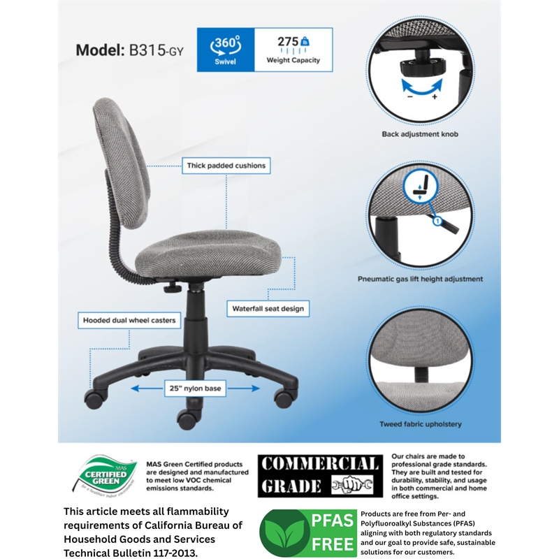 Pemberly Row Fabric/Nylon Adjustable Posture Office Chair in Gray