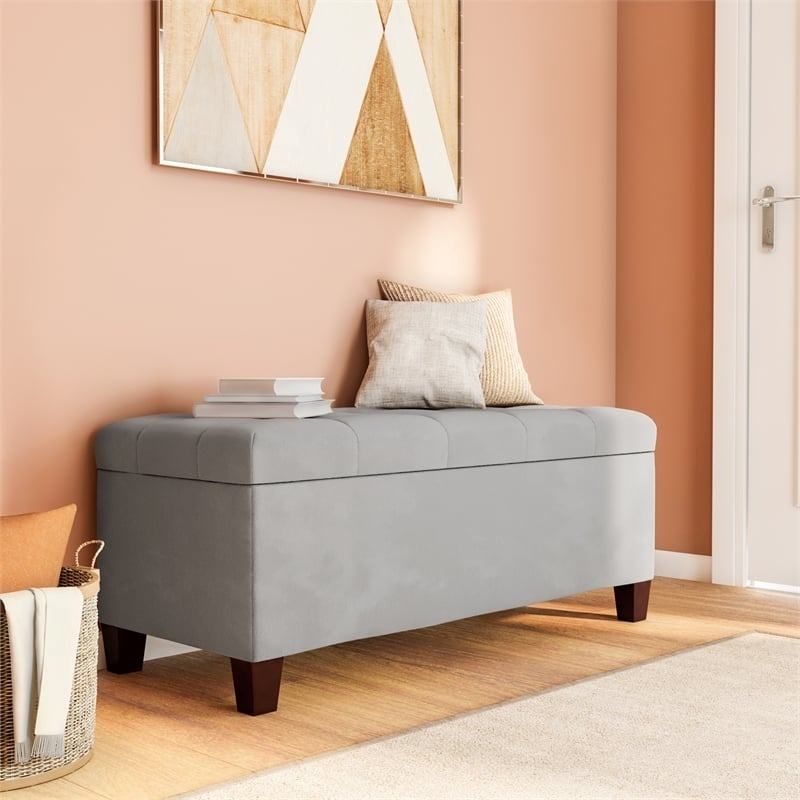 Pemberly Row Transitional Microfiber Shoe Storage Ottoman in Gray