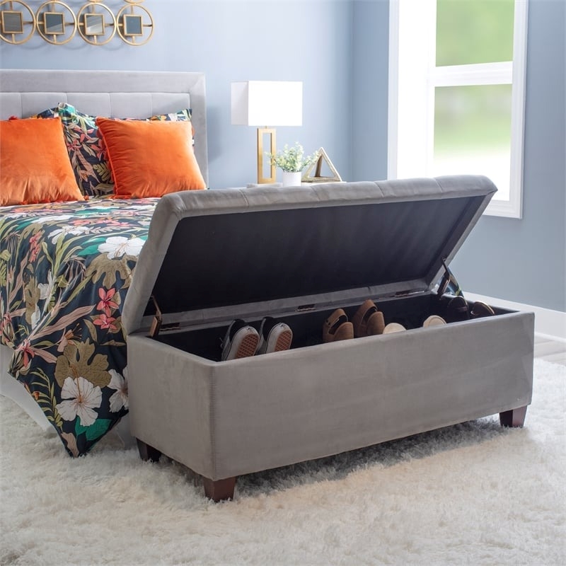 Pemberly Row Transitional Microfiber Shoe Storage Ottoman in Gray