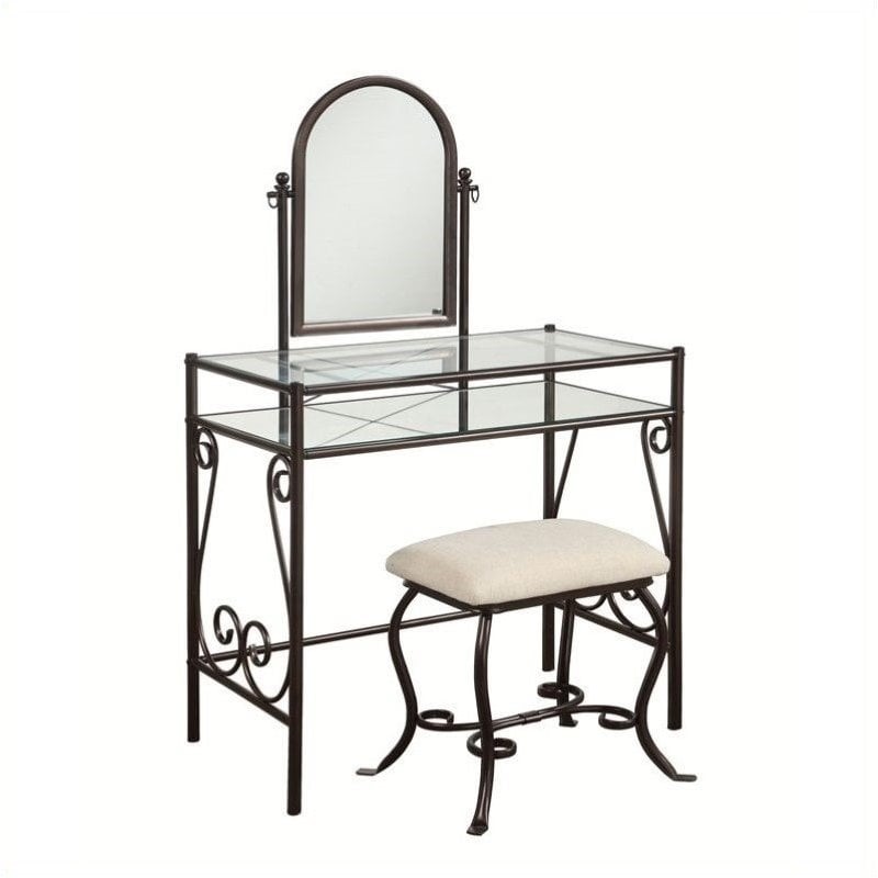 Pemberley Row Metal Dark Vanity Set Rectangular Glass Top Linen Upholstered 31.8