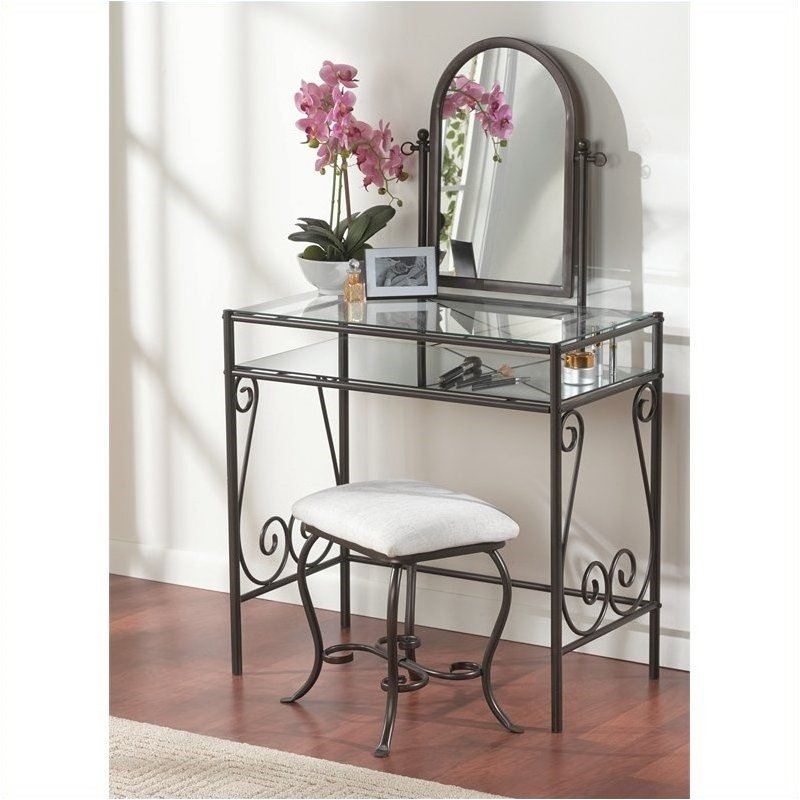 Pemberley Row Metal Dark Vanity Set Rectangular Glass Top Linen Upholstered 31.8