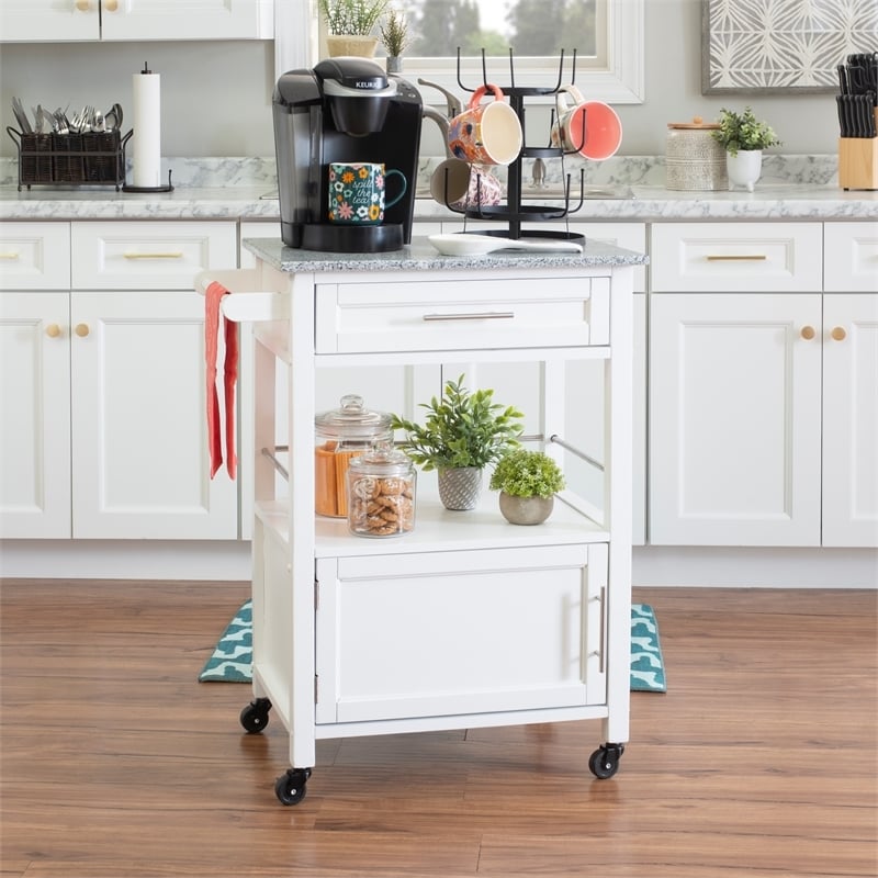 Pemberly Row Transitional Wood/Granite Top Kitchen Cart in Bright White